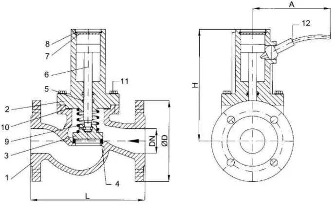 Flanged self-closing valve; springloaded with inside spring and lever