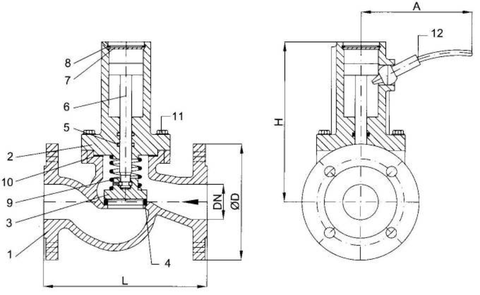 Flanged self-closing valve; springloaded with inside spring and lever